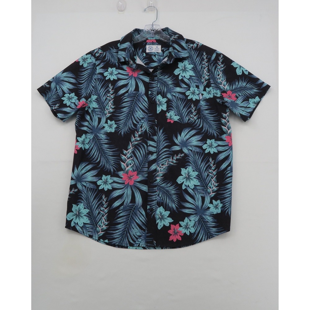 Hurley Mens Tropical Floral Palm Print Short Sleeve Button Down Shirt Black M